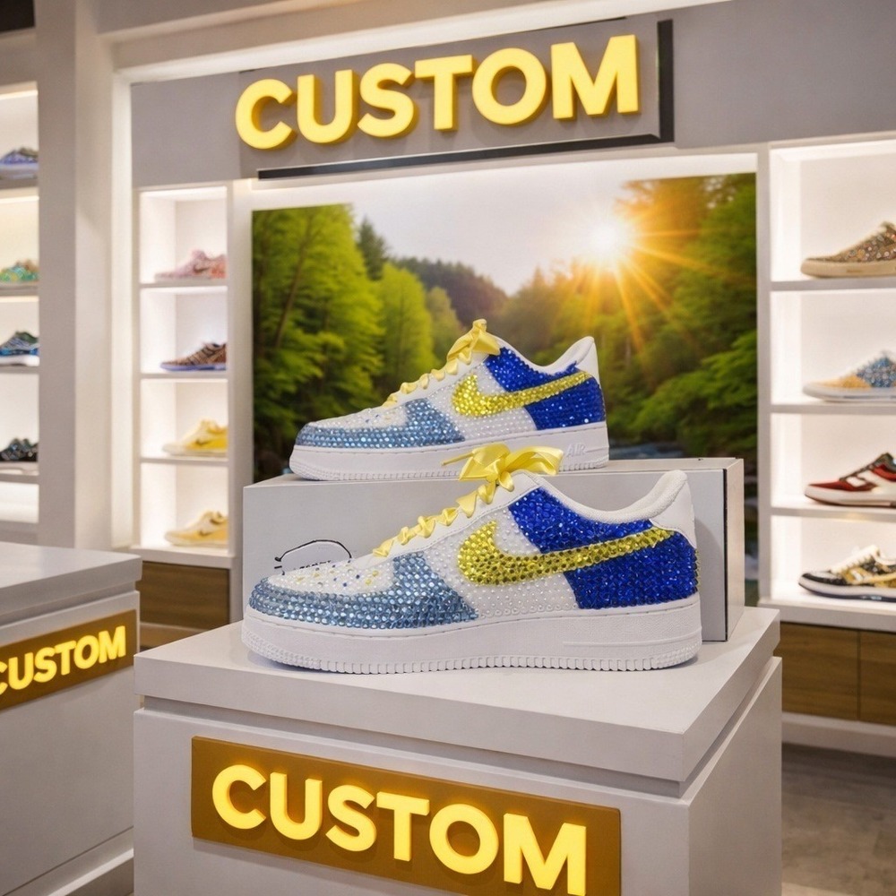 Custom Nike Air Force 1 Low Rhinestone Crystal Blue Yellow White Sneakers Womens - Picture 4 of 6
